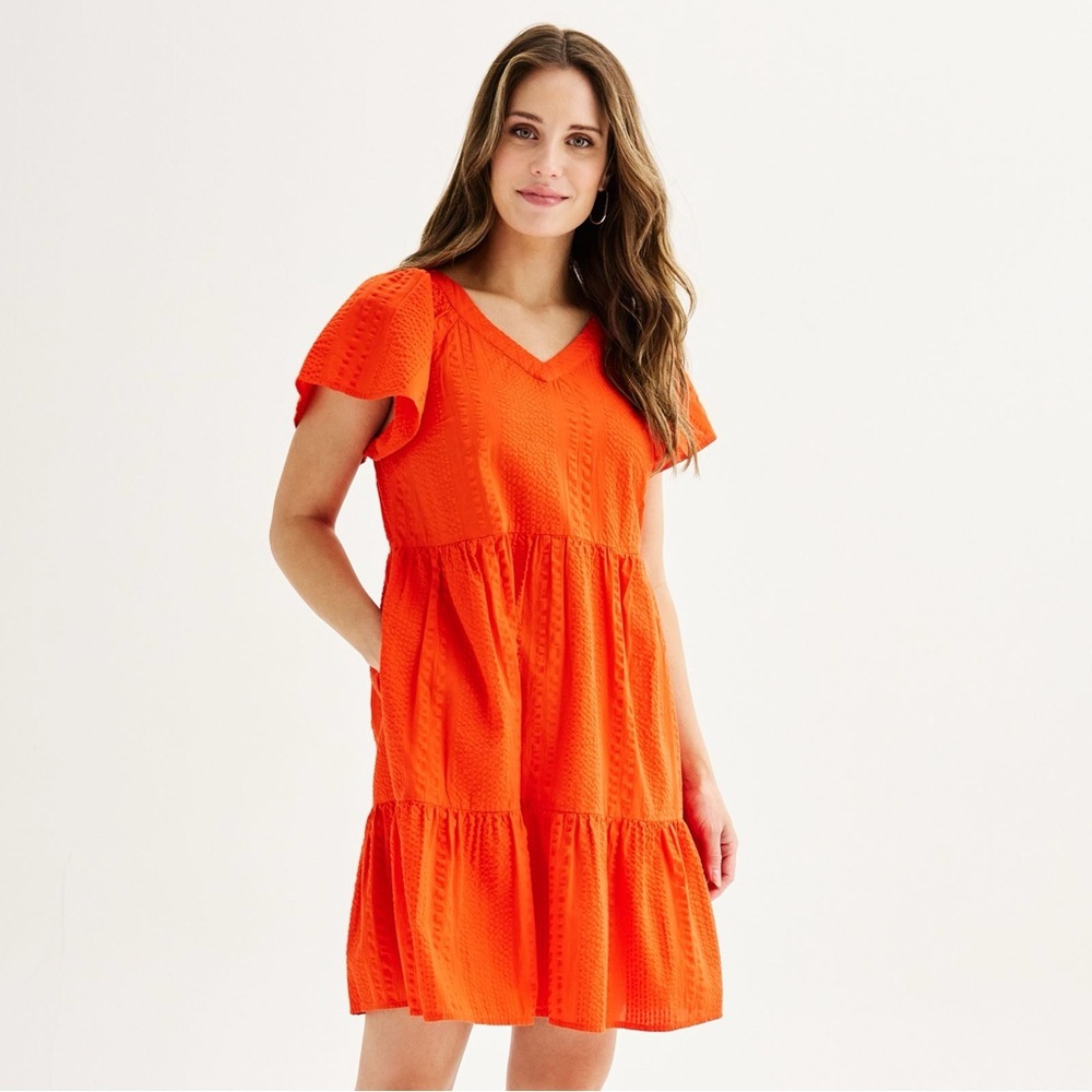 Sonoma Bright Orange V-Neck Tiered Fit Flare Cotton Midi Dress Pockets Babydoll